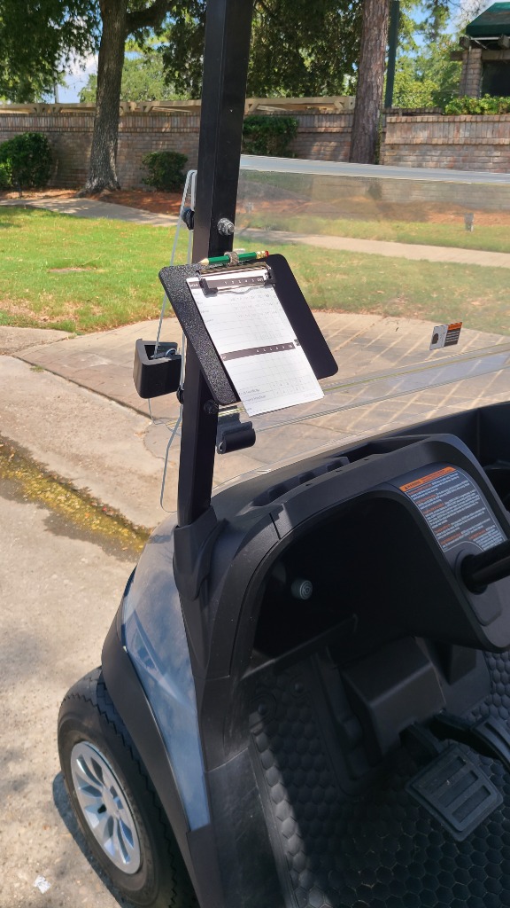 Magnetic golf cart scorecard holder mounted to frame post Magnetic golf cart scorecard holder mounted on 1x1 steel vertical side post of an EZ-GO golf cart